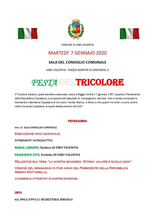 FESTA DEL TRICOLORE - MARTEDI’ 7 GENNAIO 2020 SALA DEL CONSIGLIO COMUNALE ORE 12,00
